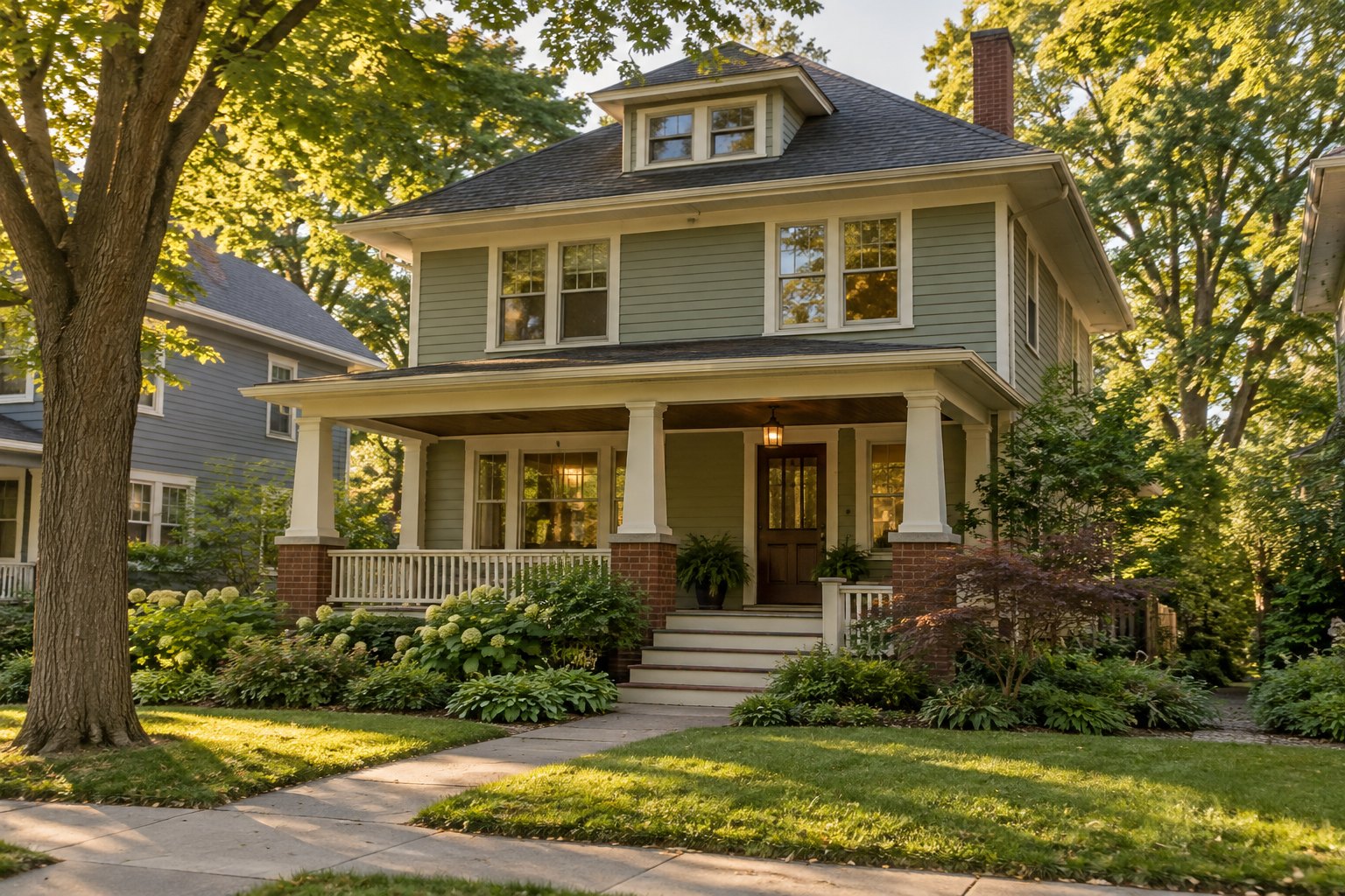 A foursquare home with a front porch in Ann Arbor, illustrative