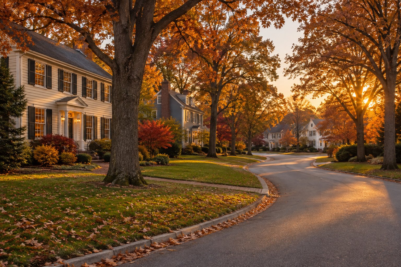 A tree lined Washtenaw County street at sunset, illustrative