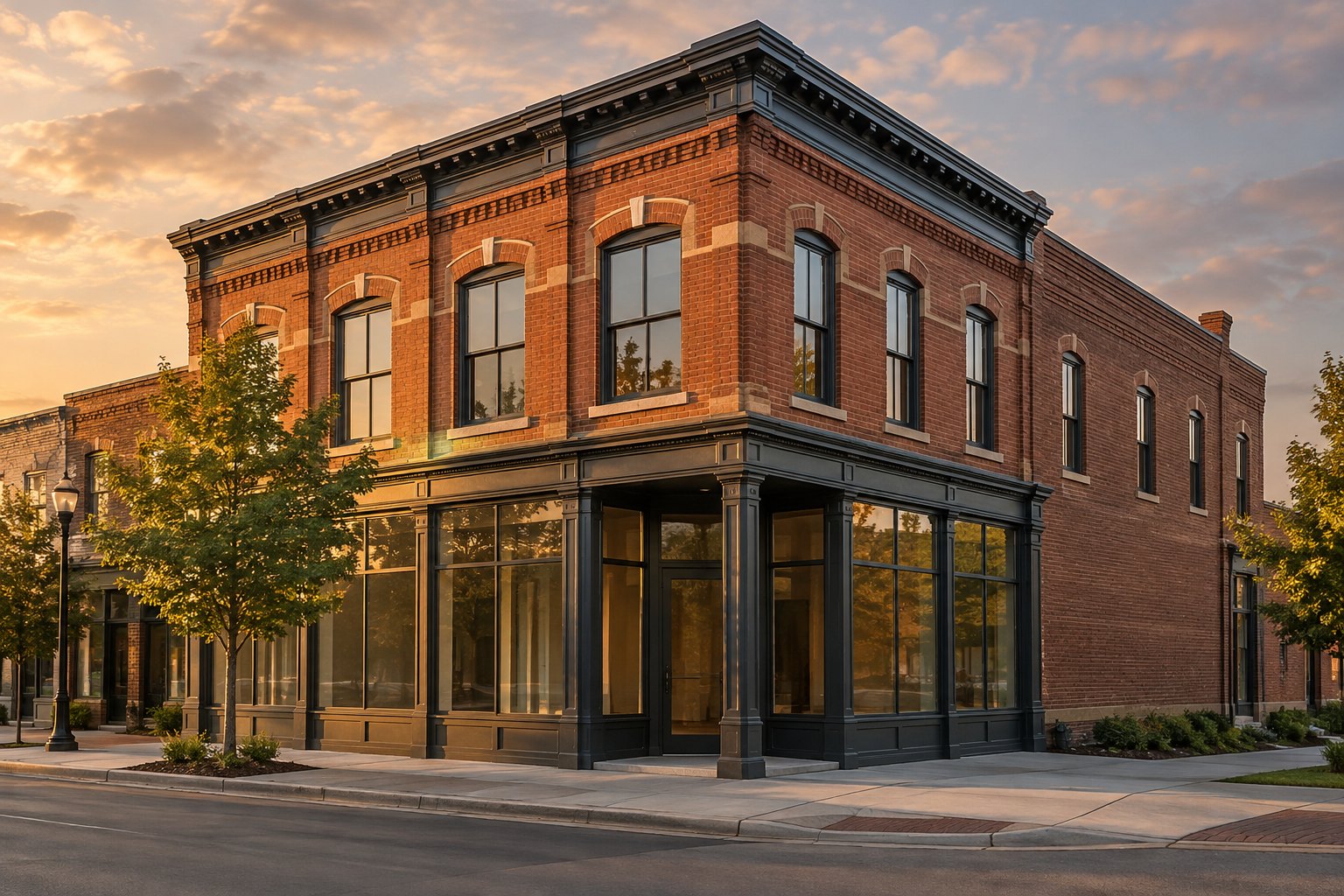 A brick mixed use building on a Michigan main street, illustrative