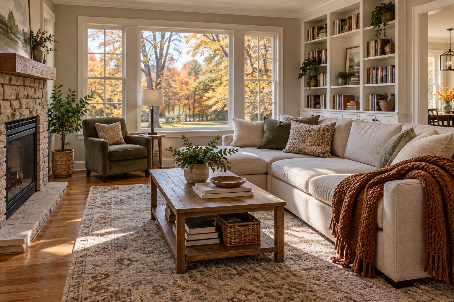 A cozy Michigan family room, illustrative